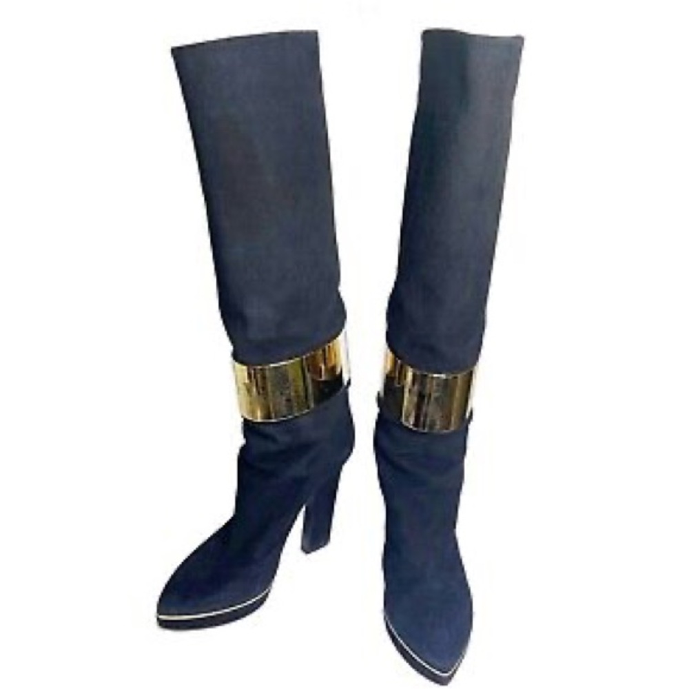 Sergio Rossi Gold Band Black Leather long Boots Size 41